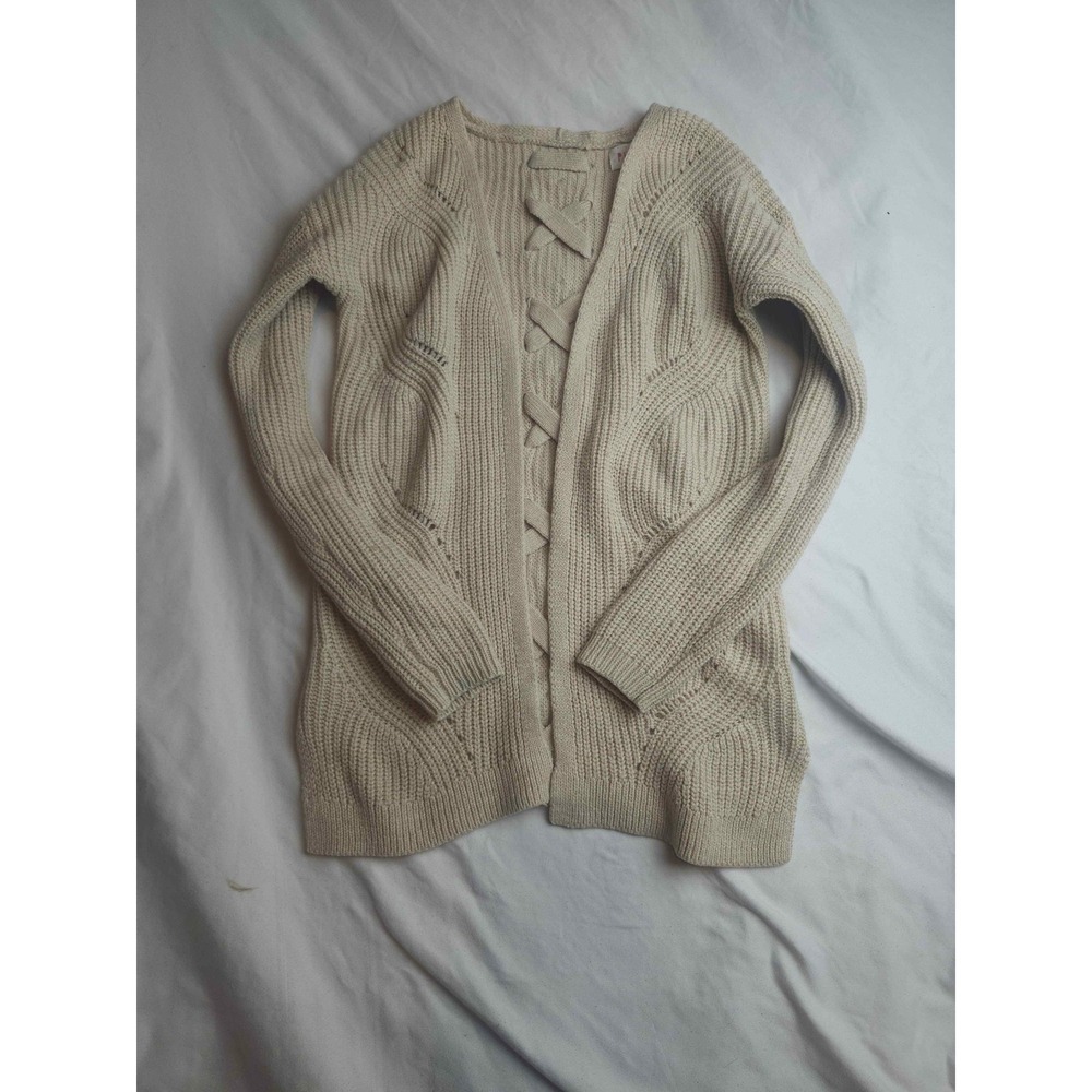 Pink Republic Cream Beige‎ Open Front Cardigan Lace Up Back Knit Sweater Small